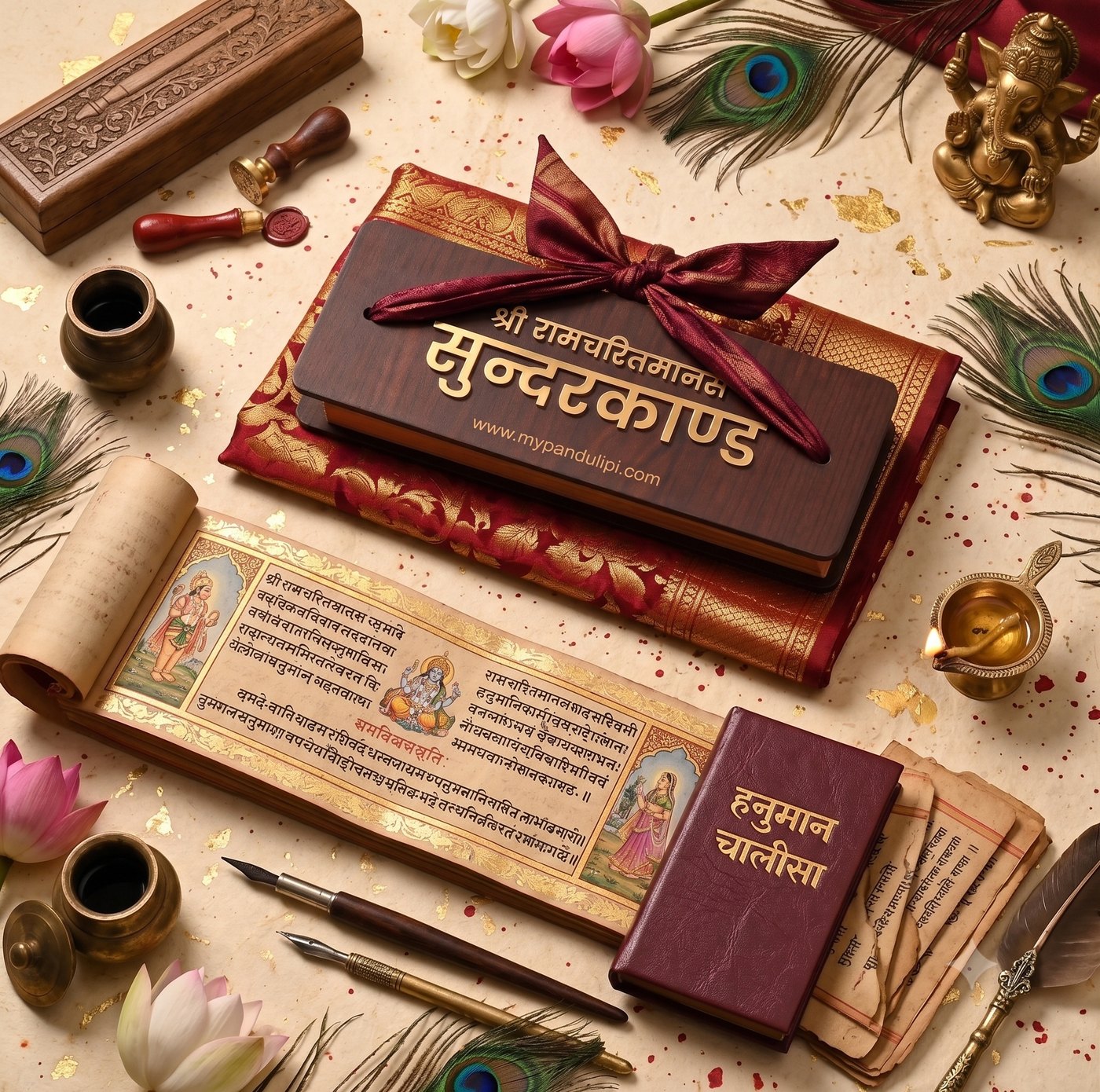 Sundarkand pandulipi with wooden cover, silk wrap, illustrated scroll, and Hanuman Chalisa pocket book styled with peacock feathers and diya