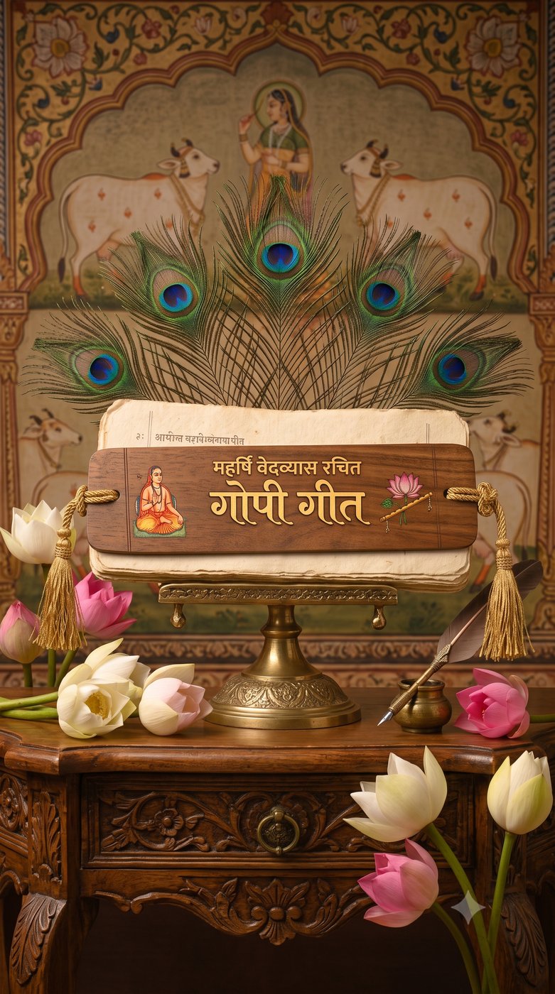 Gopi Geet pandulipi with wooden cover, styled with peacock feathers and traditional artwork
