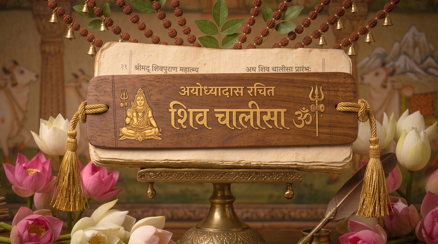 Shiv Chalisa pandulipi with wooden cover engraved with Lord Shiva, styled with rudraksha mala